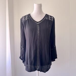 John Paul Richard Black Lace V-Neck Long Sleeve Lightweight Tunic Blouse